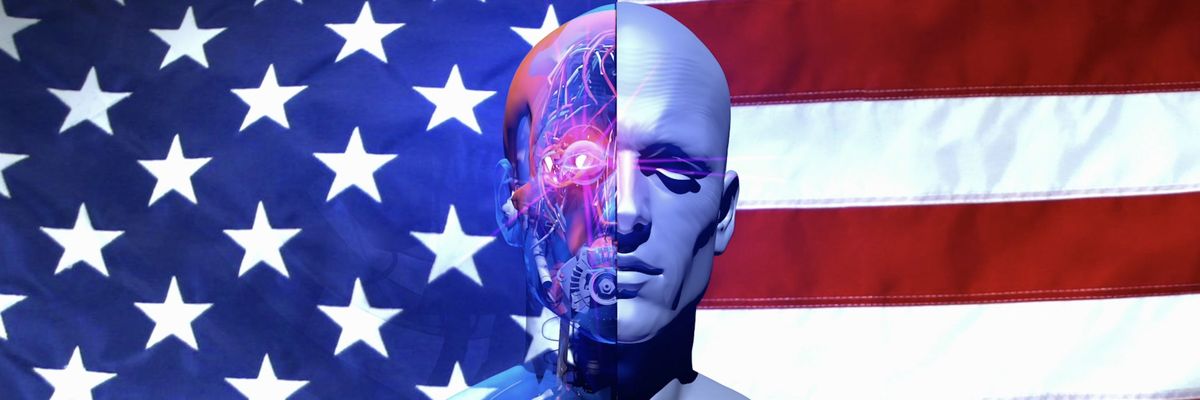 A half-robot, half-human is shown in front of the American flag.