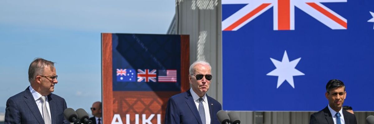 Australian Prime Minister Anthony Albanese, U.S. President Joe Biden, and U.K. Prime Minister Rishi Sunak participate in a joint press conference at Naval Base Point Loma in San Diego, California on March 13, 2023.