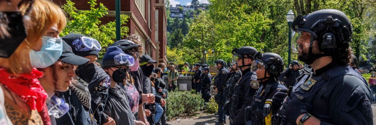 Campus protesters face off against police.