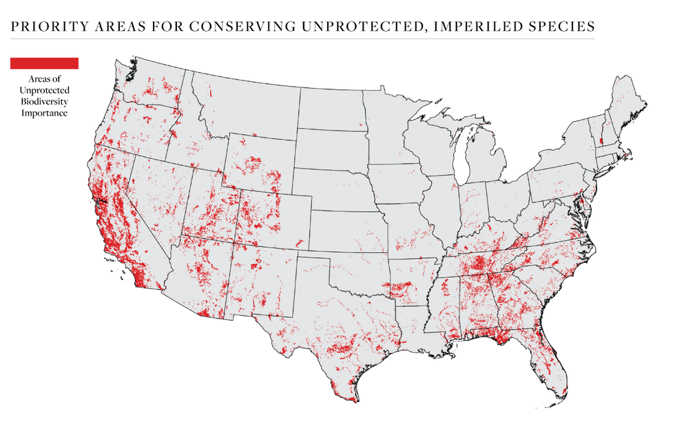 image of priority areas for conserving unprotected, imperiled species in the United States