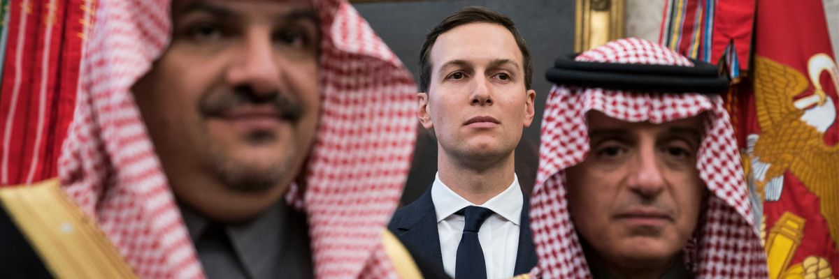 Jared Kushner stands with Saudi officials in the White House