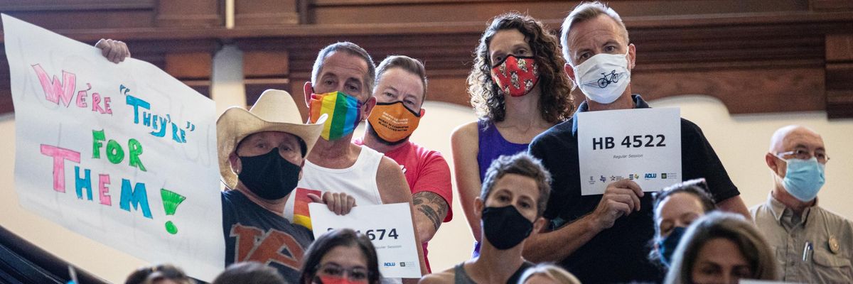 LGBTQ rights supporters rally at the Texas state capitol