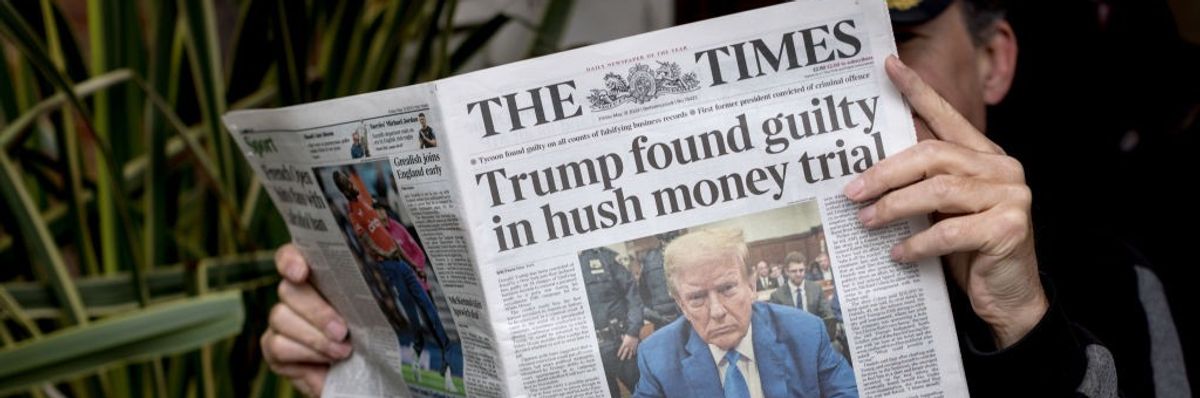Newspaper headline says "Trump found guilty in hush money trial"