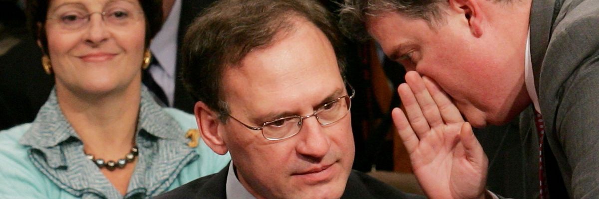 Nominee Samuel Alito and aide, with beaming Martha behind, during his 2006 Senate confirmation hearings. 