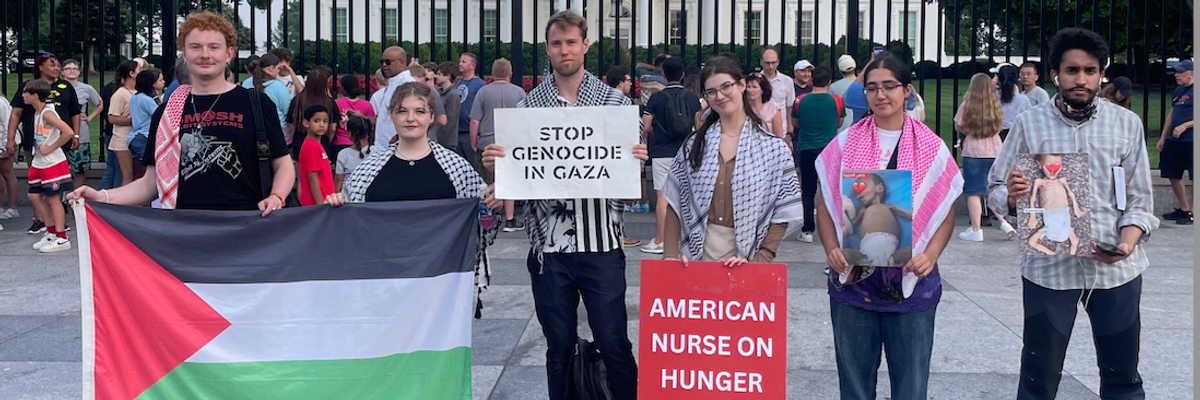 Nurse on hunger strike for Gaza outside White House with other protesters. 