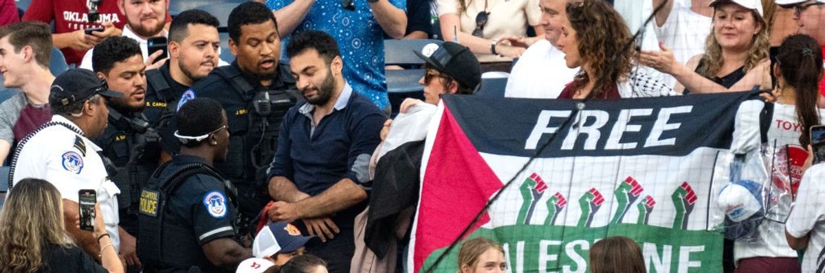 Pro-palestinian protesters during Congressional Baseball Game