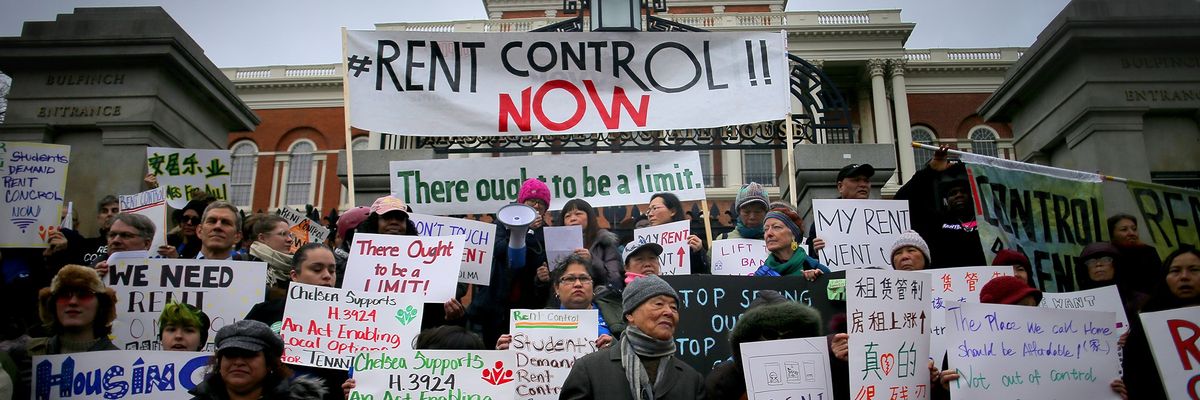 Tenants' rights groups rally outside the Massachusetts State House