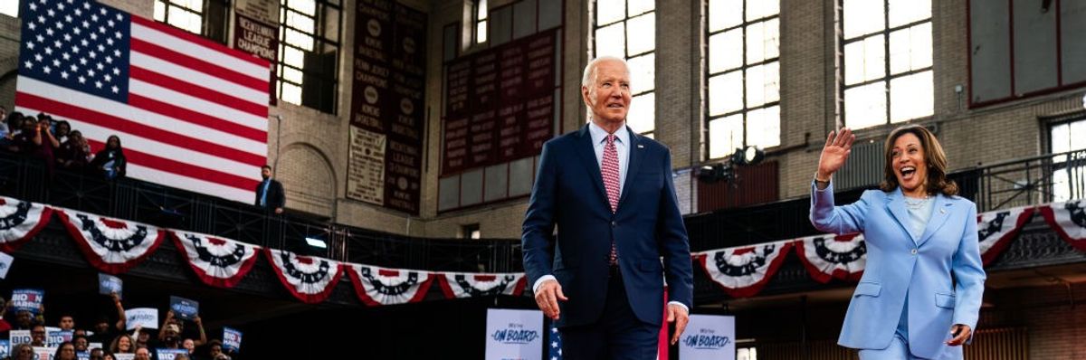 U.S. President Joe Biden and Vice President Kamala Harris enter a campaign event