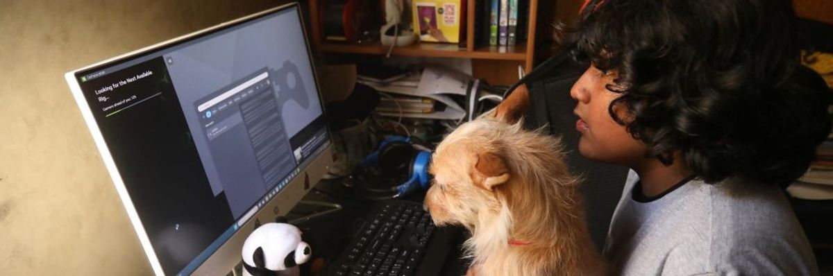 Young boy and his dog looking at internet on a computer